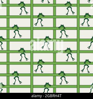 Seamless vector pattern with frogs hanging on squares. Simple animal wallpaper design on light background. Stock Vector
