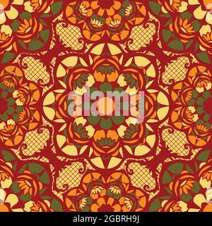 Seamless vector pattern lace mosaic texture with red and orange colours. Beautiful Arabic background. Turkish embroidery wallpaper design. Stock Vector