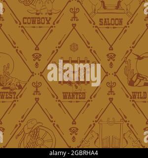 Seamless vector pattern with western style symbol on yellow background. Simple wild west wallpaper design. Decorative historic fashion textile. Stock Vector