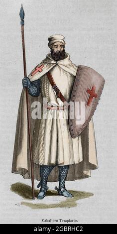 Engraving of a templar knight at a Catholic Church. The templars were ...