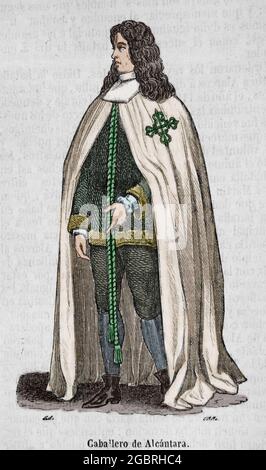 Military and religious Order of Alcántara, founded in 1156 in the Kingdom of Leon. Knight of Alcántara wearing the emblem of the Alcántara cross embroidered on his cape. Engraving. Later colouration. Historia General de España by Father Mariana. Madrid, 1852. Stock Photo