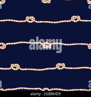 Seamless vector pattern with rope knot on blue background. Simple horizontal tightrope wallpaper design. Decorative marine fashion textile. Stock Vector