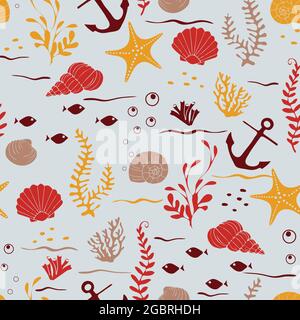 Seamless vector pattern with underwater seashells on cream white background. Simple tropical sea wallpaper design. Decorative holiday fashion textile.