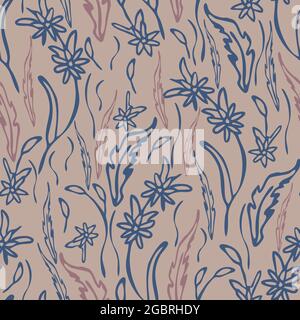 Seamless vector pattern with wildflower texture on pink background. Decorative grass wallpaper design. Artistic nature fashion textile. Stock Vector