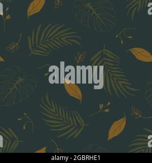 Seamless vector pattern with tropical leaves on green background. Modern palm leaf wallpaper design. Decorative plant texture fashion textile. Stock Vector