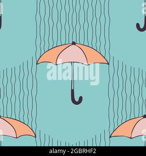 Seamless vector pattern with umbrellas on blue background. Simple weather wallpaper design. Decorative vintage fashion textile. Stock Vector