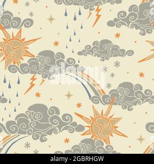 Seamless vector pattern with sun and clouds on yellow background. Simple artistic weather wallpaper design. Decorative summer sky fashion textile. Stock Vector