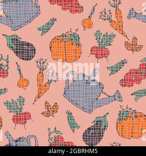 Seamless vector pattern with vegetables on pink background. Textured summer garden wallpaper design. Decorative kitchen fashion textile. Stock Vector