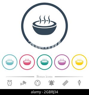 Steaming bowl flat color icons in round outlines. 6 bonus icons included. Stock Vector