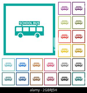 school bus side view flat color icons with quadrant frames on white background Stock Vector