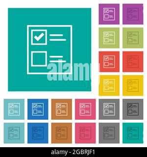 Ballot paper outline multi colored flat icons on plain square backgrounds. Included white and darker icon variations for hover or active effects. Stock Vector