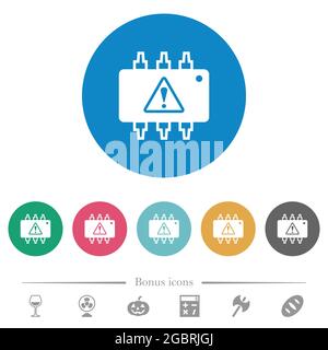 Hardware malfunction flat white icons on round color backgrounds. 6 bonus icons included. Stock Vector