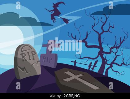 Banner with witch flying over the cemetery. Halloween placard design in cartoon style. Stock Vector