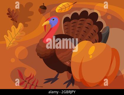 Banner with turkey and pumpkin. Thanksgiving day postcard design in cartoon style. Stock Vector