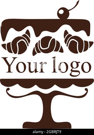 Logo for a baking company. A bakery that bakes delicious cakes, pastries, cupcakes, muffins, pies, and other sweets. Chocolate cake with a cherry, inside which is a place for the name of your company Stock Vector