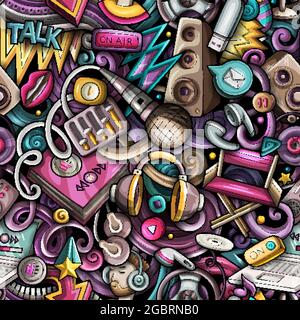 Cartoon doodles Audio content seamless pattern. Stock Vector