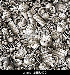 Cartoon doodles Desserts seamless pattern. Backdrop with sweet food symbols and items. Monochrome detailed background for print on fabric, textile, ph Stock Vector
