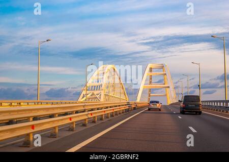 travel on the Crimean bridge at dawn, the connection of the peninsula with the mainland Stock Photo