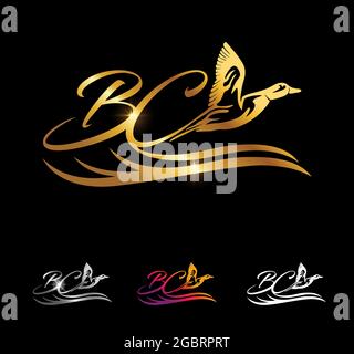 A vector Illustration set of Golden Monogram Duck Initial Letter BC Stock Vector