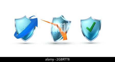 Realistic glass guard shield icons with arrow and tick concept set . Stock Vector