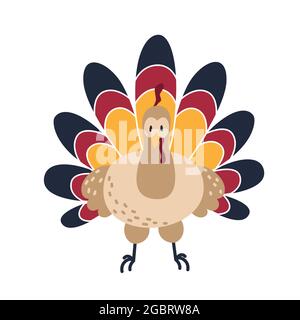 Cute cartoon doodle illustration of colored turkey. Traditional Thanksgiving icon. For the design of invitations, promotions and sales, greeting cards Stock Vector