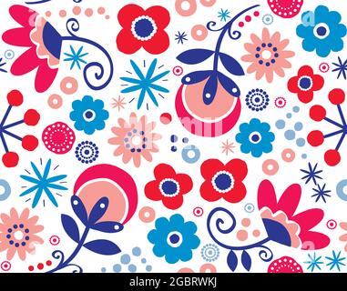 Scandinavian or Nordic floral seamless vector pattern - hand drawn foilk art design textile design with red, pink, and navy blue flowers on white Stock Vector