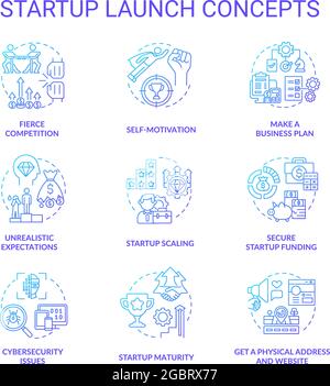 Startup launch blue gradient concept icons set Stock Vector