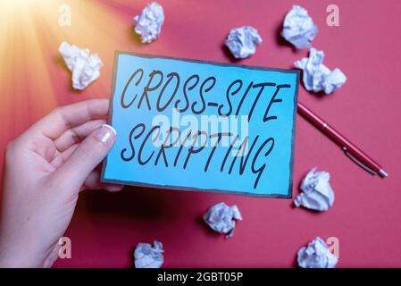 Handwriting text Cross Site Scripting. Business overview Security vulnerability mainly found in web application Writing Notes And Important Ideas New Stock Photo