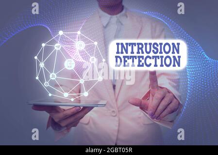 Handwriting text Intrusion Detection. Word for monitors a network or systems for malicious activity Lady In Uniform Holding Tablet In Hand Virtually Stock Photo