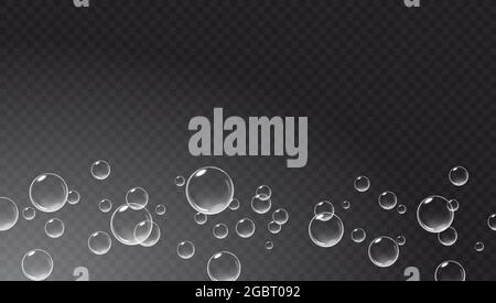 Floating bubbles isolated on dark transparent background. Fizzy air underwater. Vector realistic illustration. Stock Vector