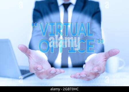 Sign displaying Virtual Office. Concept meaning operational domain of any business or organization virtually Remote Office Work Online Presenting Stock Photo