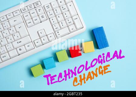 Conceptual caption Technological Change. Word Written on increase in the efficiency of a product or process Stack of Sample Cube Rectangular Boxes On Stock Photo