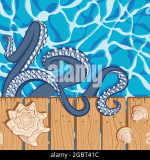 Marine summer background with water, shells and tentacles of an octopus. Vector illustration. Stock Vector