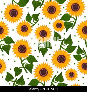 Seamless pattern with bright orange flowers of sunflower and leaves on white background. Stock Photo