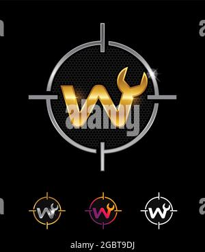 A vector illustration set of Golden Mechanic Monogram Logo letter W Stock Vector