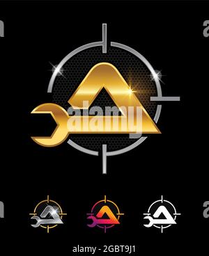 A vector illustration set of Golden Mechanic Logo Initial Letter A Stock Vector