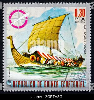 EQUATORIAL GUINEA - CIRCA 1975: a stamp printed in Equatorial Guinea shows Drakkar, Viking Ship, circa 1975 Stock Photo