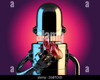 Robot with human heart in hands. Technology concept. 3D illustration Stock Photo