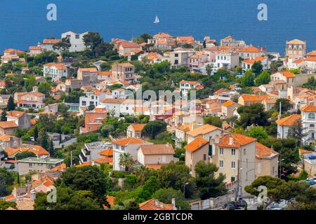 Scenic aerial view of the old town and the sea on a sunny day. Marseilles. France. Stock Photo