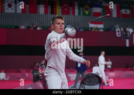 Tokyo, Japan. 05th Aug, 2021. Czech Martin Vlach during the fencing portion of the men's modern pentathlon at the Tokyo 2020 Summer Olympics, on August 5, 2021, in Tokyo, Japan. Credit: Martin Sidorjak/CTK Photo/Alamy Live News Stock Photo