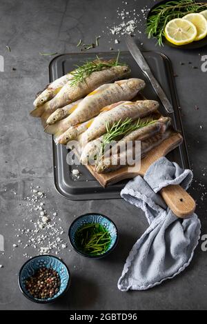 Raw wild salmon trout, healthy cooking ingredients on dark background Stock Photo