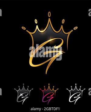A vector illustration set of Golden Monogram Crown Initial Letter G in black background with gold shine effect Stock Vector