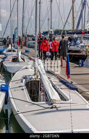 cowes week, isle of wight, yacht racing, busy marina, yachting regatta, sailing regatta, boats, cowes yacht haven. Stock Photo