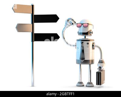 Robot businessman standing confused near sign post. 3D illustration. Isolated Stock Photo