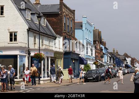 High street, Aldeburgh Suffolk UK; a busy morning in the town of Aldeburgh, Suffolk England UK Stock Photo