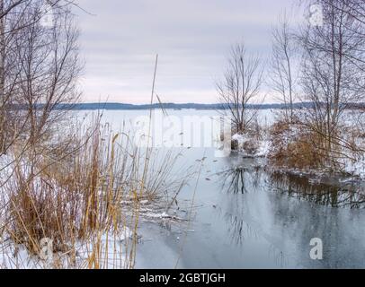 Graebendorfer Lake in Lusatian Lake District in winter, Germany Stock Photo