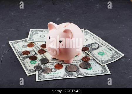 piggy bank a pig stands on one-dollar bills spread on a concrete floor on which American change is scattered Stock Photo