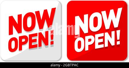 Now Open stickers for online shop. White and red vector label with shadow on transparent background Stock Vector