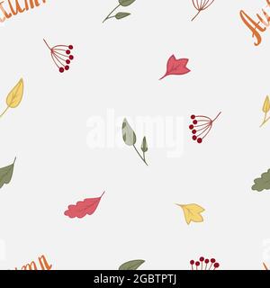 Autumn simple seamless pattern with leaves, berries and text Autumn. Cute pattern for textile, backgrounds made in vector. Stock Vector