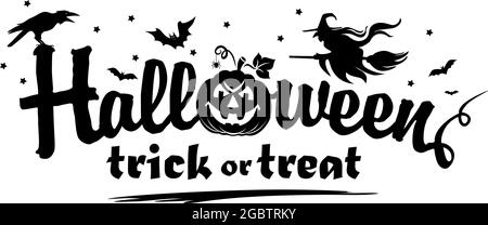 Halloween black and white poster with horror elements.  Cartoon pumpkin, witch, raven, bat, spider for decoration greeting card. Vector on transparent Stock Vector